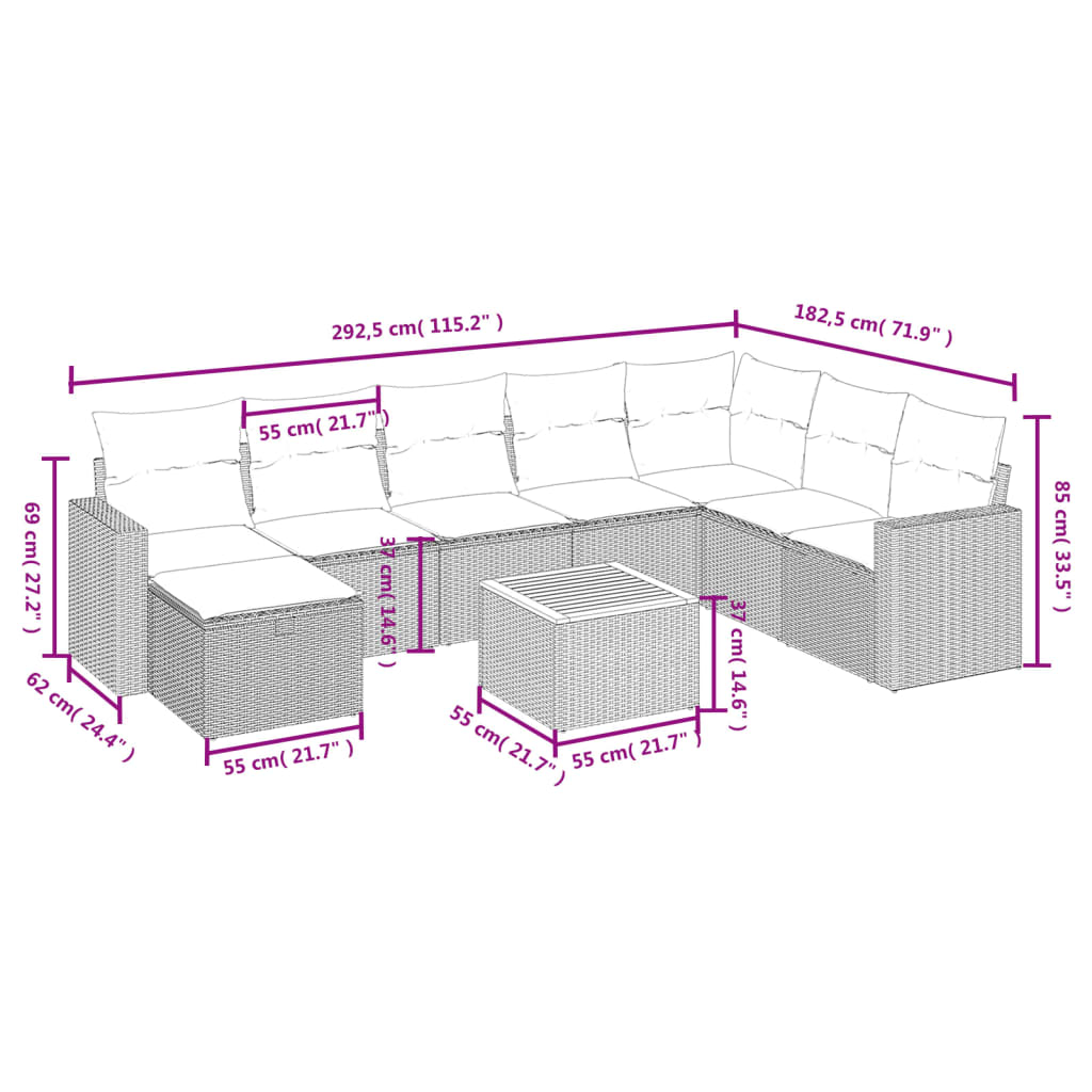 Set mobilier de grădină cu perne, 9 piese, negru, poliratan 3264871 - imagine 4