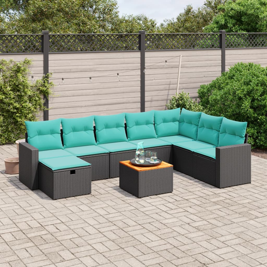 9 Piece Patio Sofa Set with Cushions Black Poly Rattan