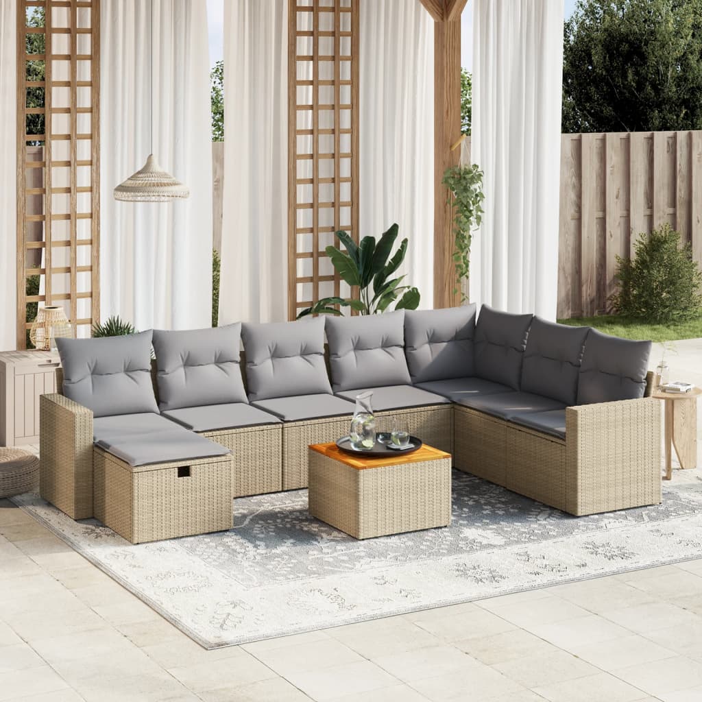 9-tlg. Garten-Sofagarnitur mit Kissen Beige Poly Rattan