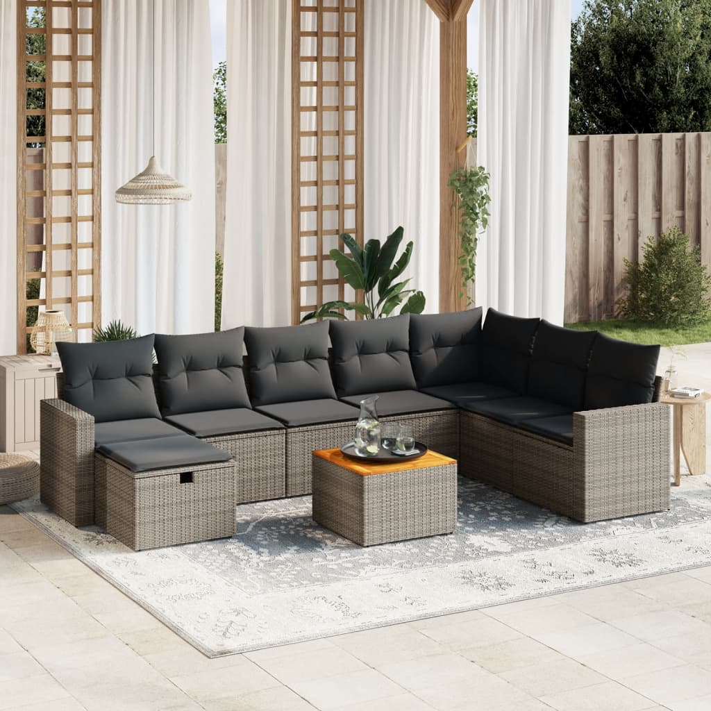 vidaXL 9-tlg. Garten-Sofagarnitur mit Kissen Grau Poly Rattan