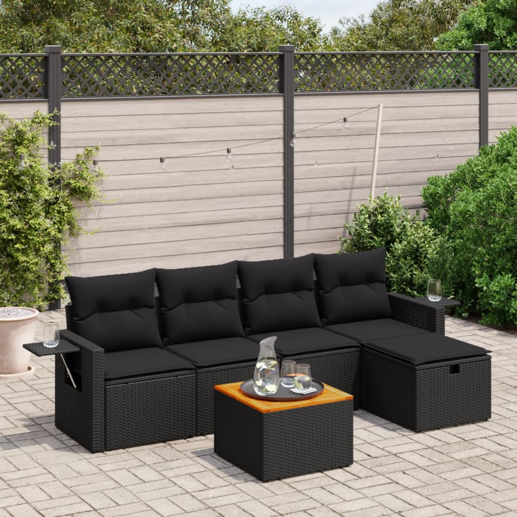 vidaXL 6-tlg. Garten-Sofagarnitur mit Kissen Schwarz Poly Rattan