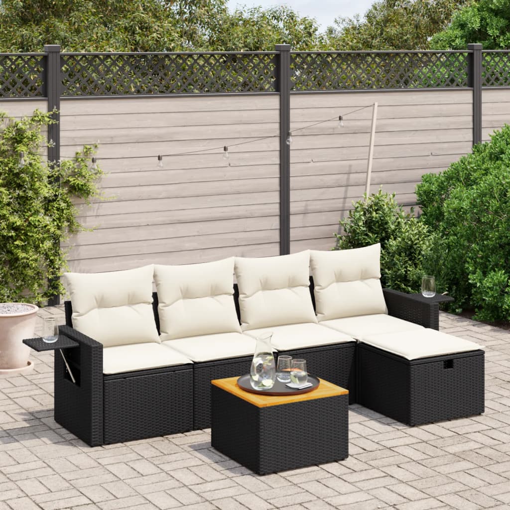 vidaXL 6-tlg. Garten-Sofagarnitur mit Kissen Schwarz Poly Rattan