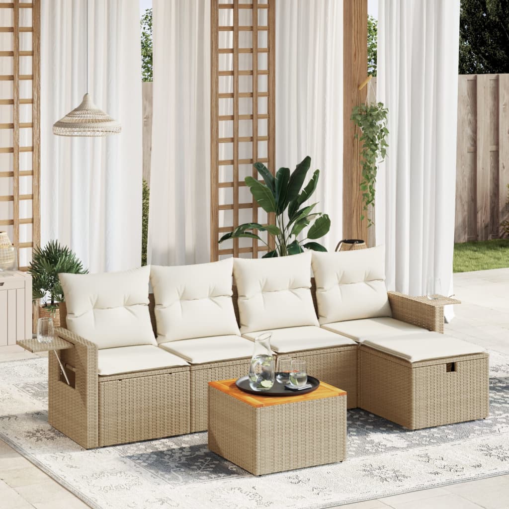 vidaXL 6-tlg. Garten-Sofagarnitur mit Kissen Beige Poly Rattan