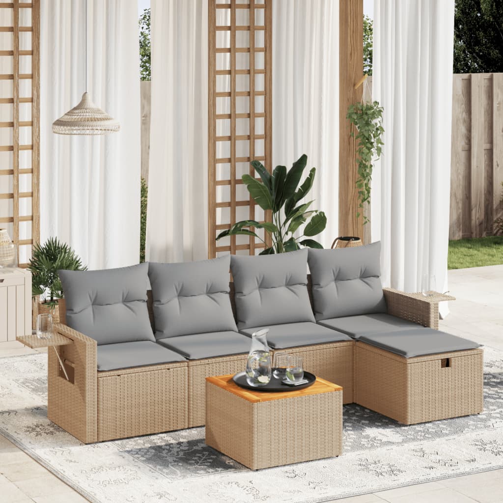 vidaXL 6-tlg. Garten-Sofagarnitur mit Kissen Beige Poly Rattan