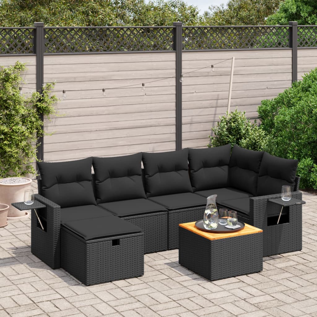 vidaXL 7-tlg. Garten-Sofagarnitur mit Kissen Schwarz Poly Rattan