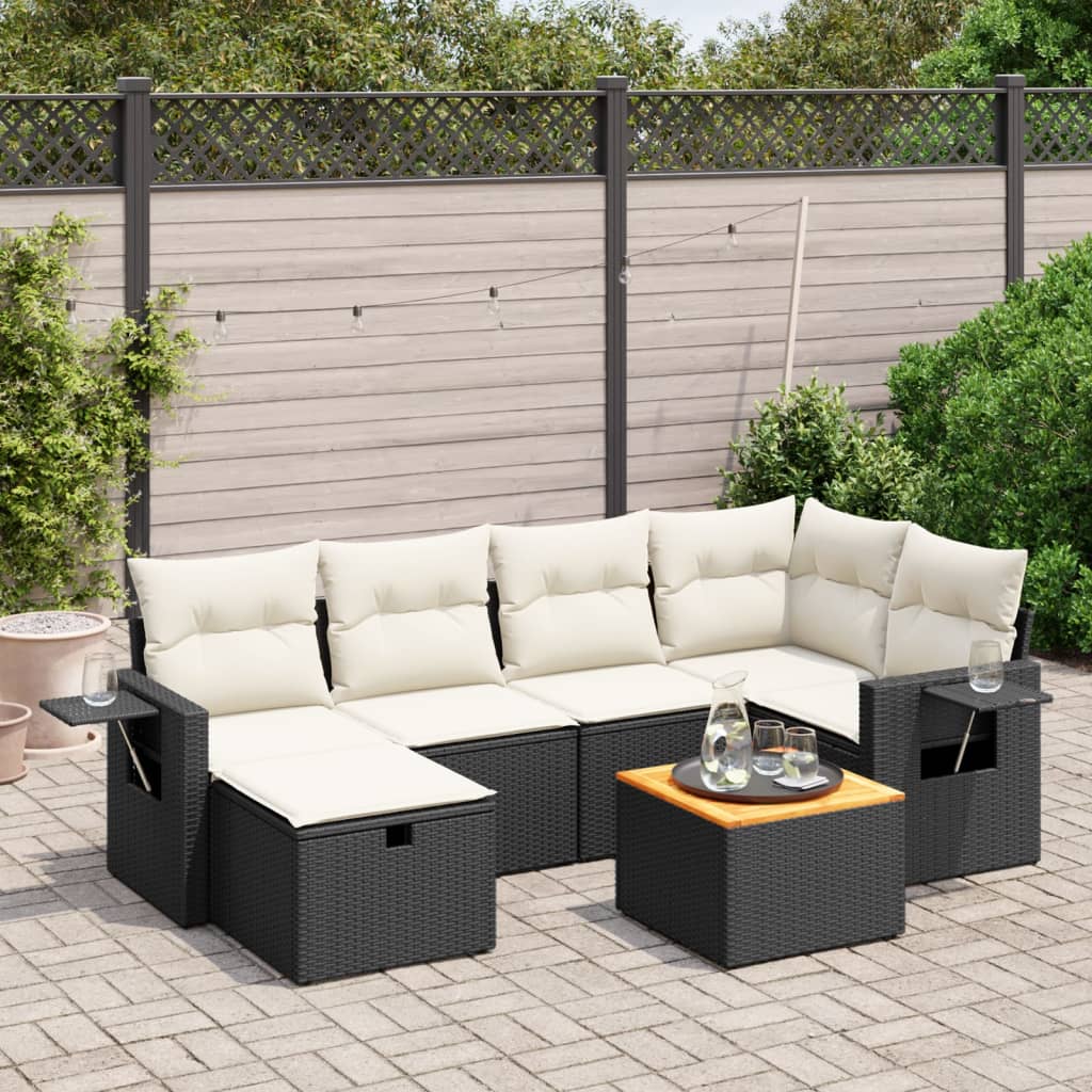 vidaXL 7-tlg. Garten-Sofagarnitur mit Kissen Schwarz Poly Rattan