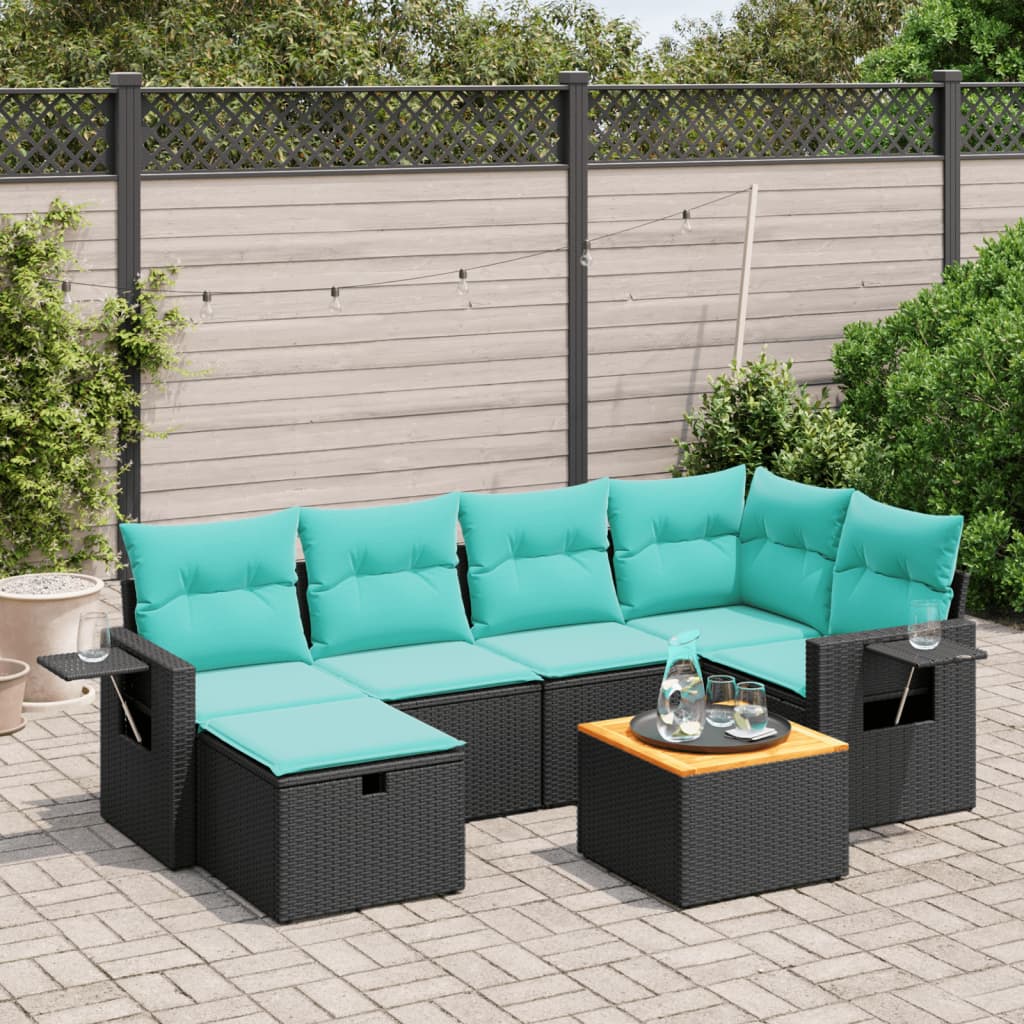7 Piece Patio Sofa Set with Cushions Black Poly Rattan