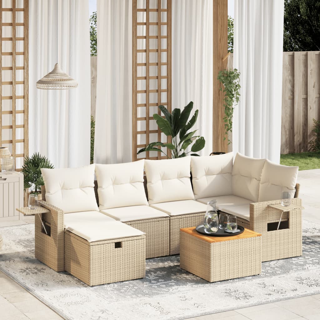 vidaXL 7-tlg. Garten-Sofagarnitur mit Kissen Beige Poly Rattan