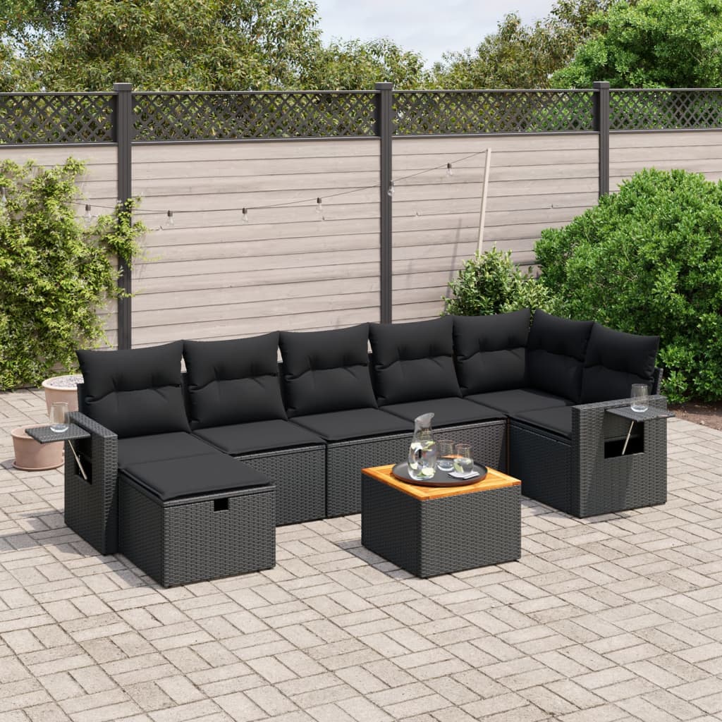 vidaXL 8-tlg. Garten-Sofagarnitur mit Kissen Schwarz Poly Rattan