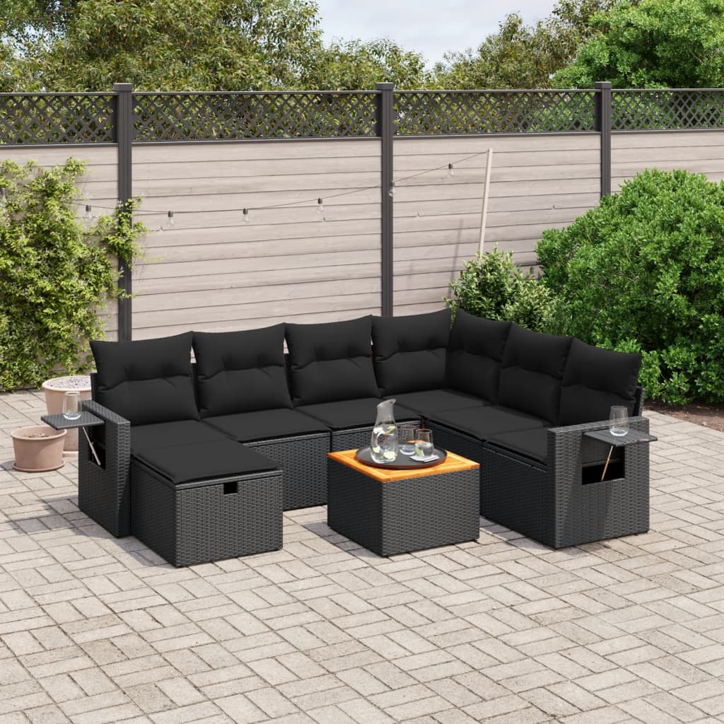 vidaXL 8-tlg. Garten-Sofagarnitur mit Kissen Schwarz Poly Rattan