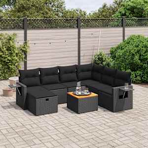 Vrtna sedežna garnitura 8-delna z blazinami črn poli ratan