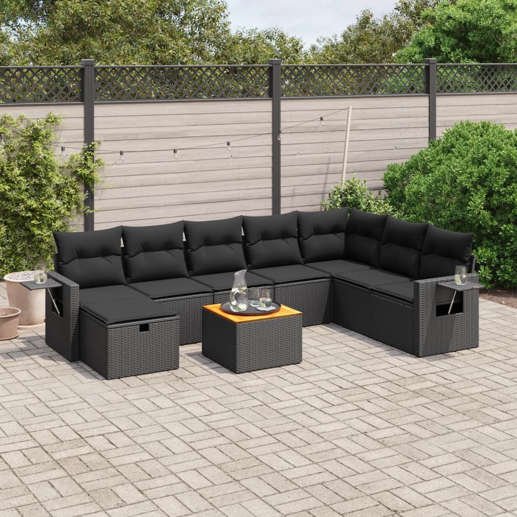 vidaXL 9-tlg. Garten-Sofagarnitur mit Kissen Schwarz Poly Rattan