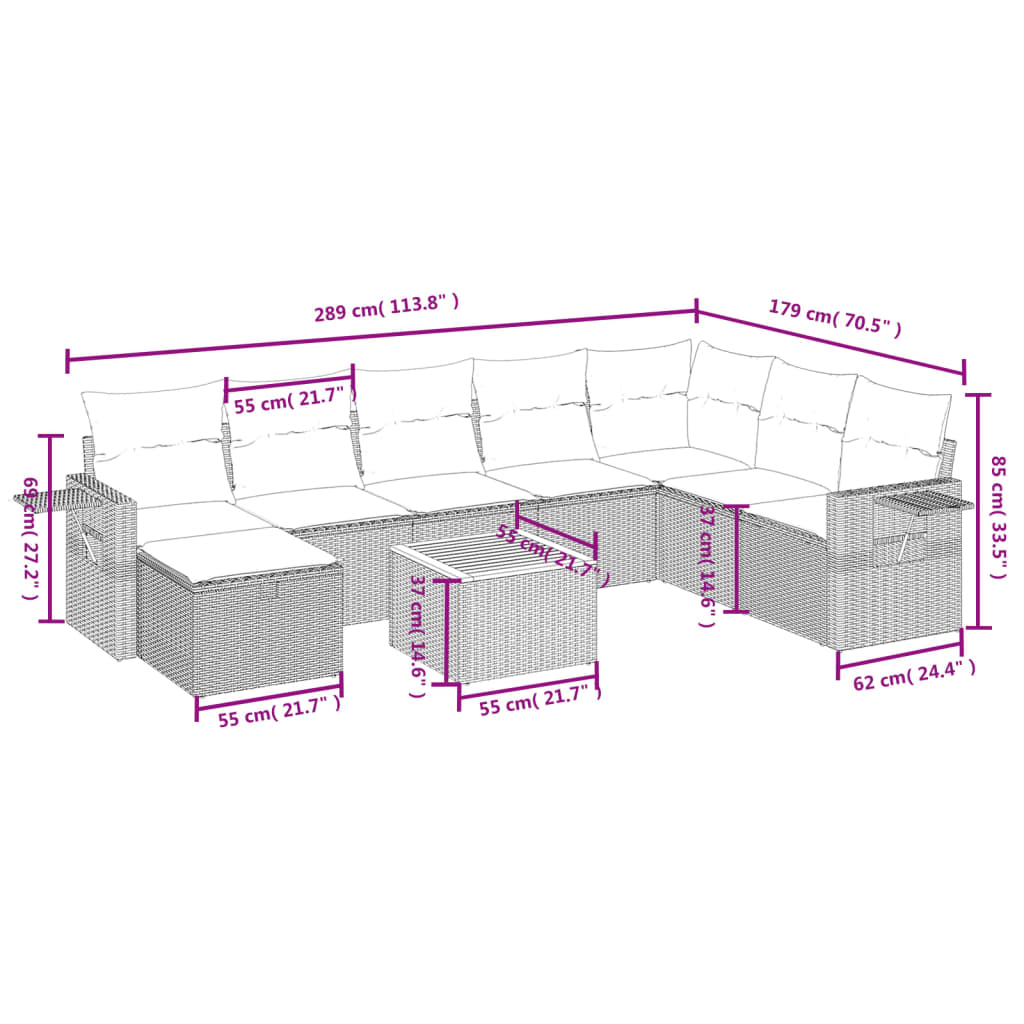 Set mobilier de grădină cu perne, 9 piese, negru, poliratan 3264983 - imagine 4