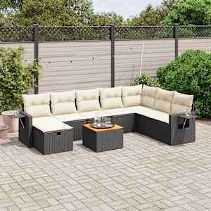 Vrtna sedežna garnitura 9-delna z blazinami črn poli ratan