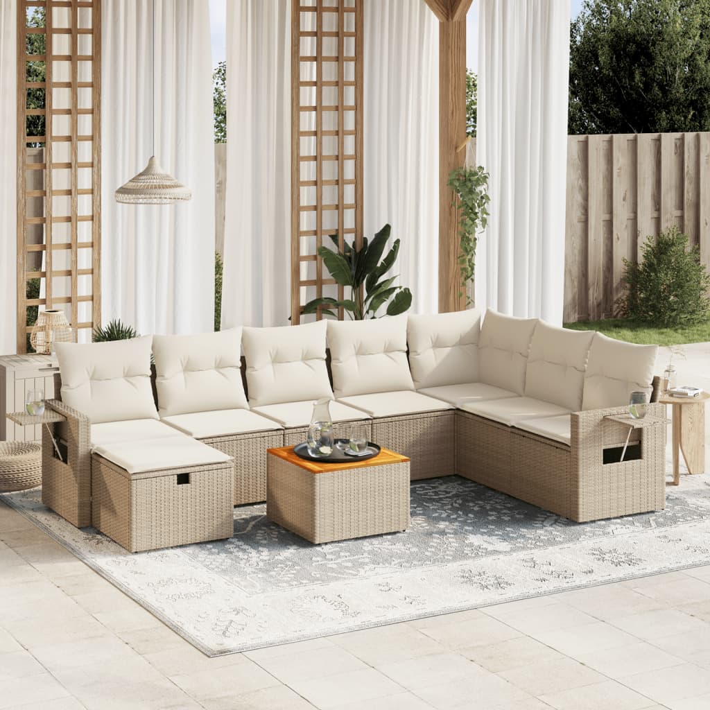 vidaXL 9-tlg. Garten-Sofagarnitur mit Kissen Beige Poly Rattan