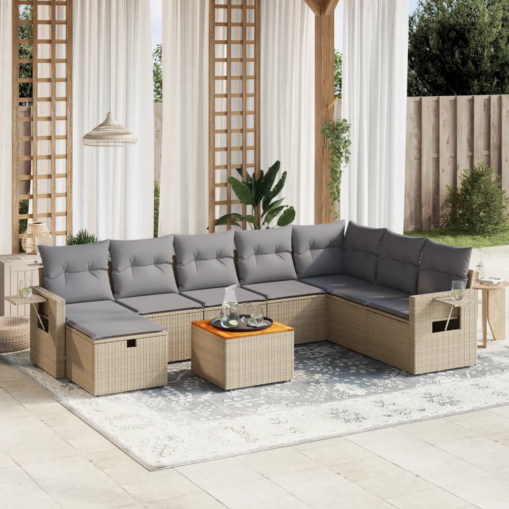 vidaXL 9-tlg. Garten-Sofagarnitur mit Kissen Beige Poly Rattan