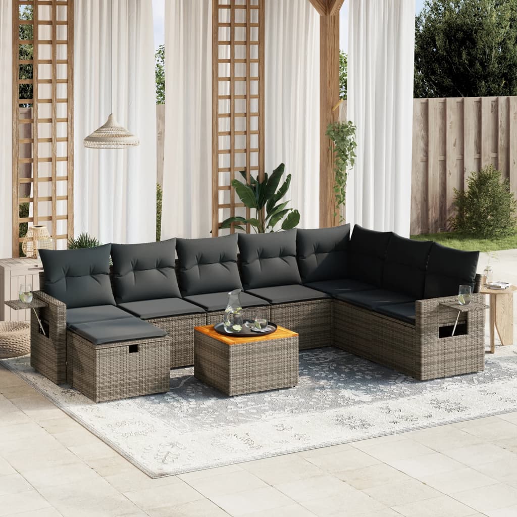 vidaXL 9-tlg. Garten-Sofagarnitur mit Kissen Grau Poly Rattan