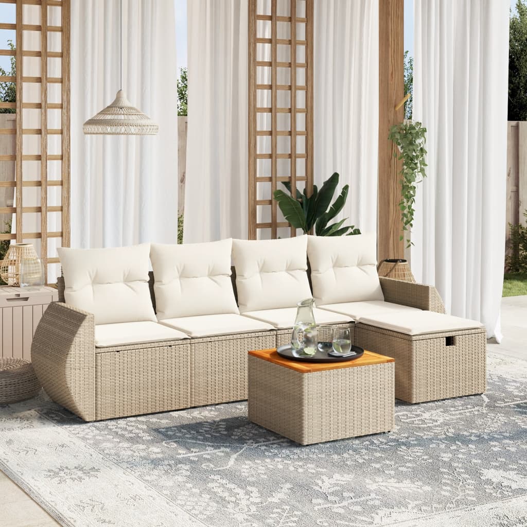 vidaXL 6-tlg. Garten-Sofagarnitur mit Kissen Beige Poly Rattan