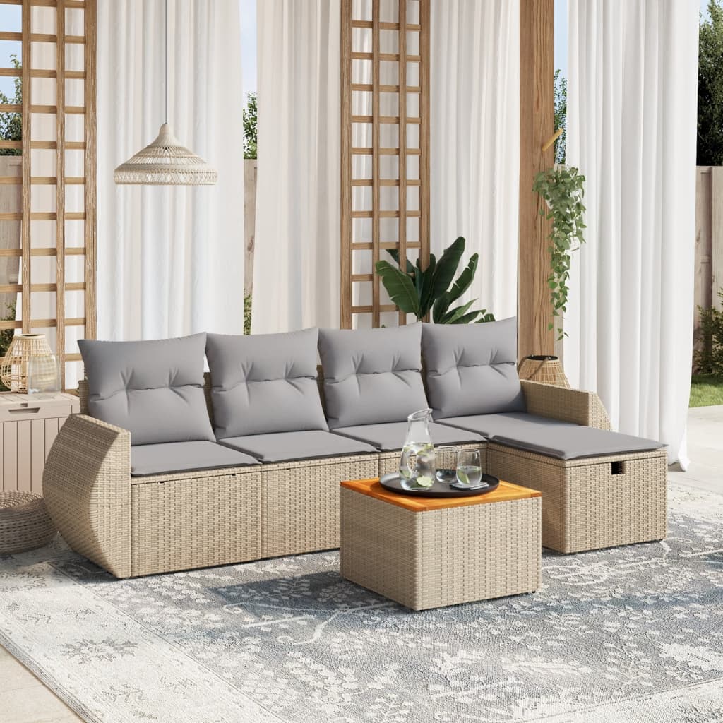 vidaXL 6-tlg. Garten-Sofagarnitur mit Kissen Beige Poly Rattan