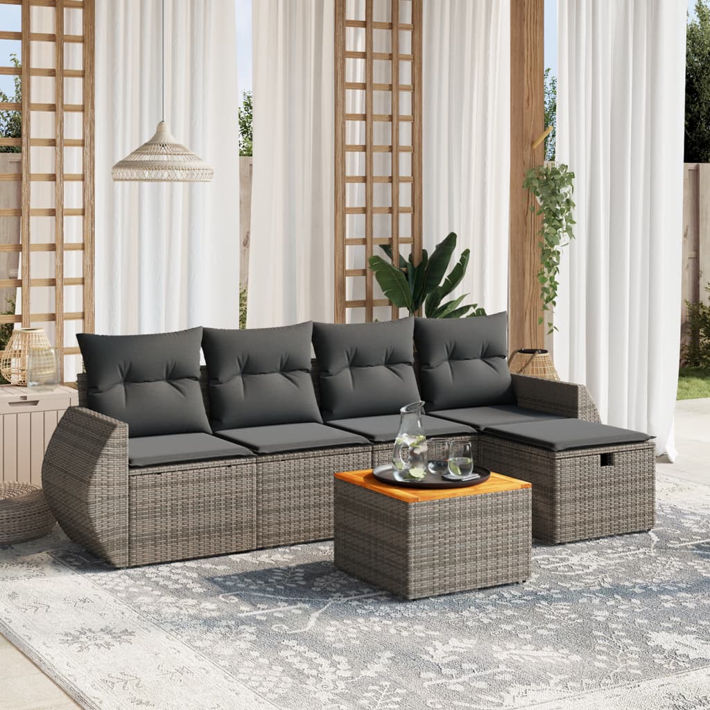 vidaXL 6-tlg. Garten-Sofagarnitur mit Kissen Grau Poly Rattan