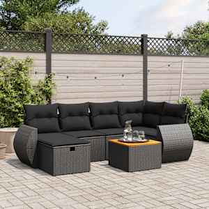 Vrtna sedežna garnitura 7-delna z blazinami črn poli ratan