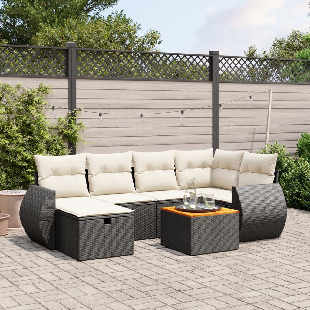 vidaXL 7-tlg. Garten-Sofagarnitur mit Kissen Schwarz Poly Rattan