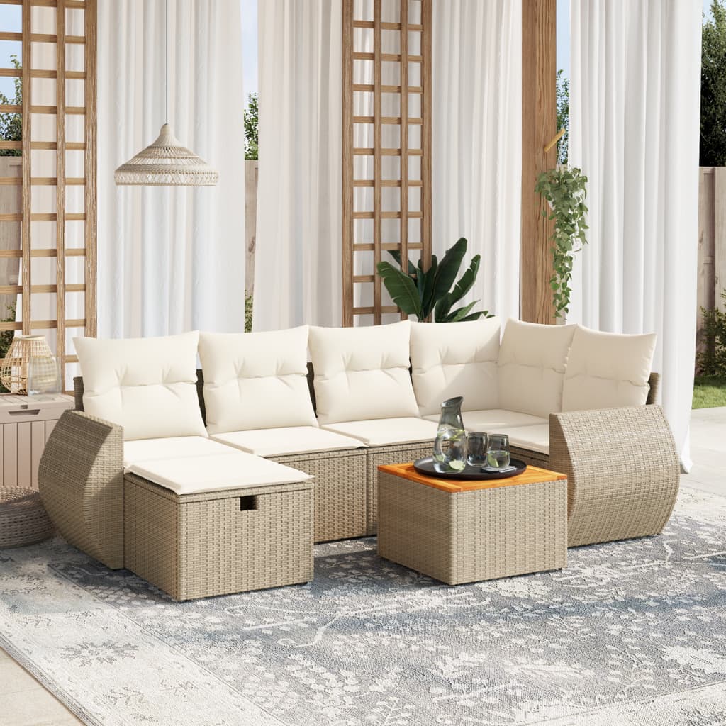 vidaXL 7-tlg. Garten-Sofagarnitur mit Kissen Beige Poly Rattan