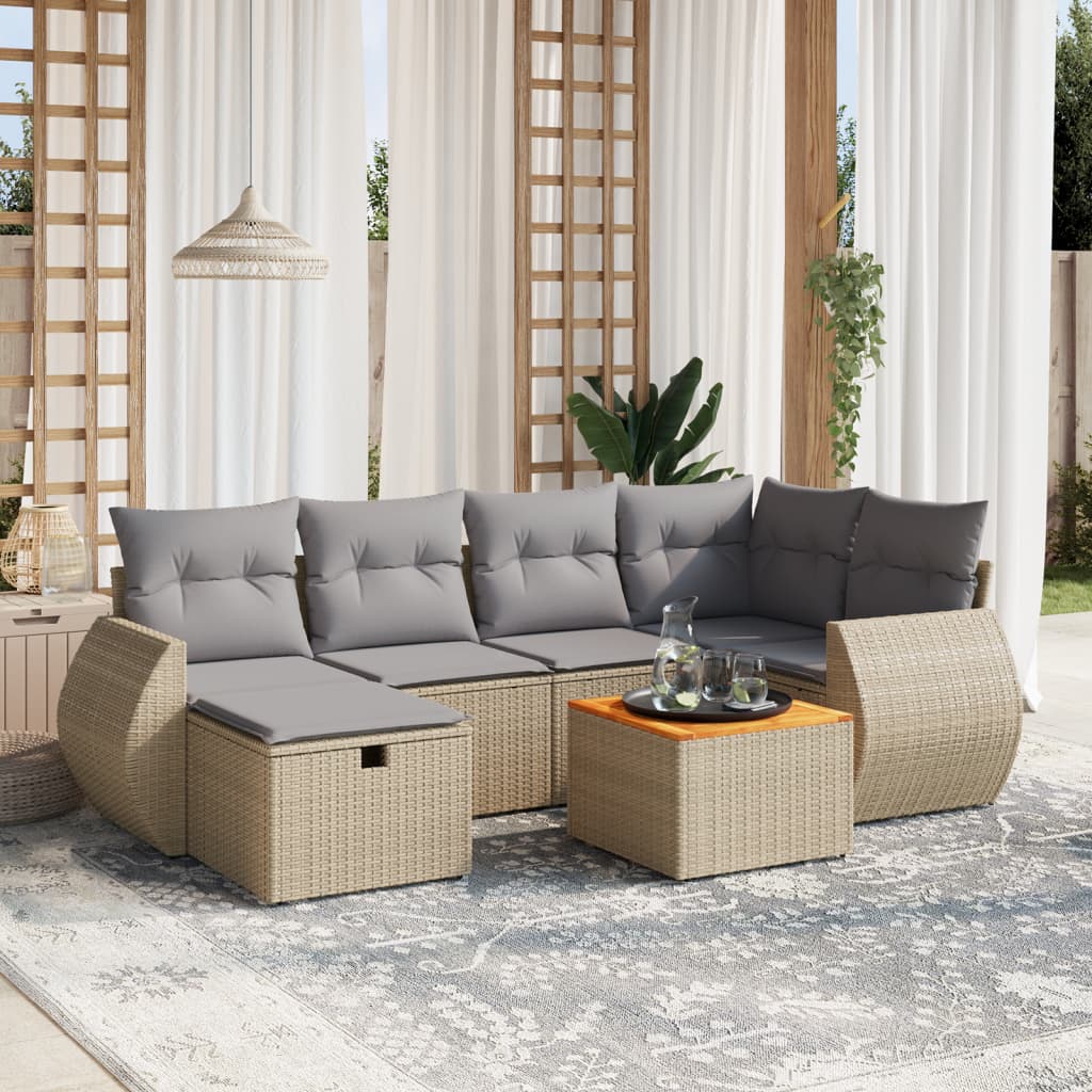 vidaXL 7-tlg. Garten-Sofagarnitur mit Kissen Beige Poly Rattan