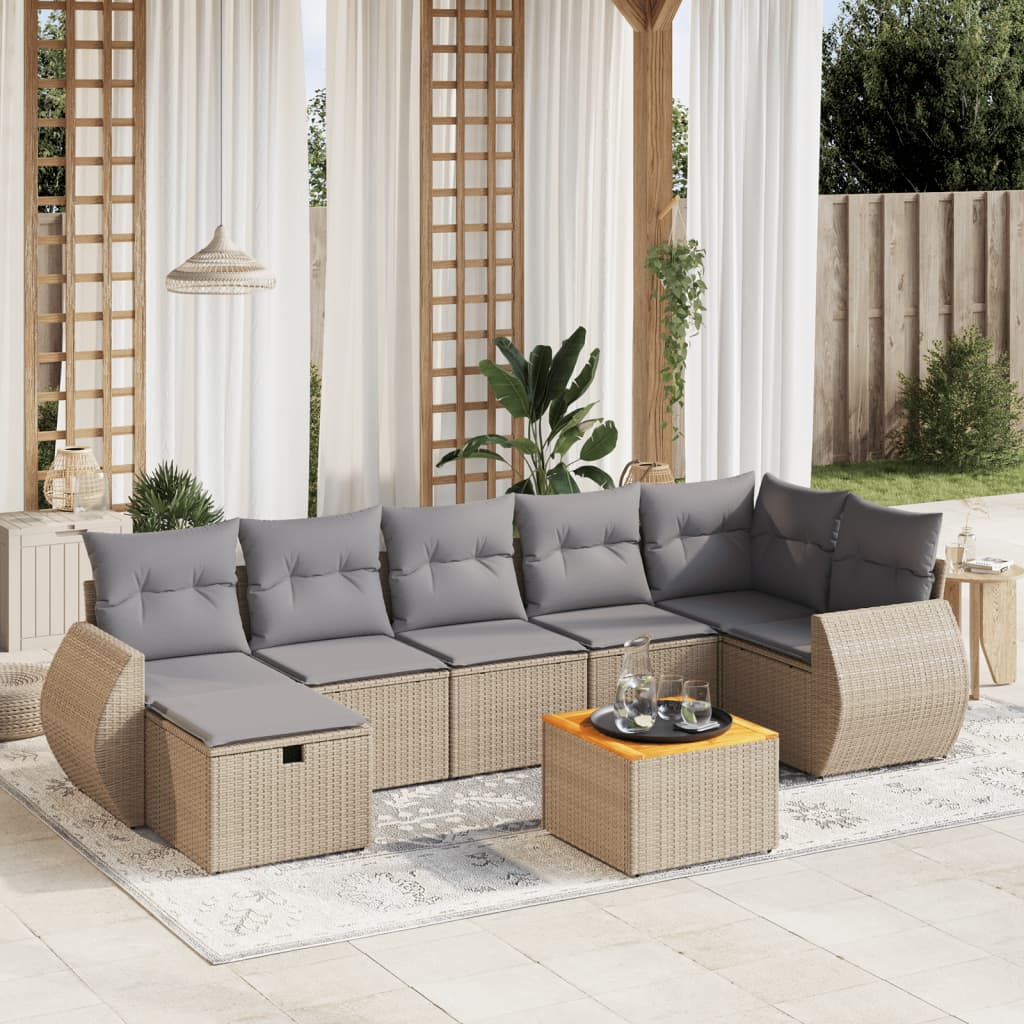 vidaXL 8-tlg. Garten-Sofagarnitur mit Kissen Beige Poly Rattan