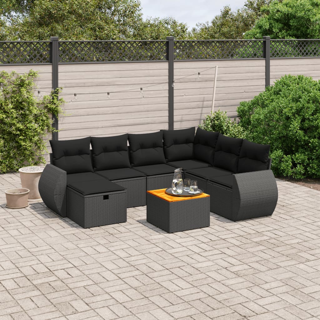 8-tlg. Garten-Sofagarnitur mit Kissen Schwarz Poly Rattan