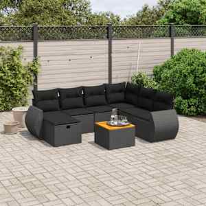 Vrtna sedežna garnitura 8-delna z blazinami črn poli ratan