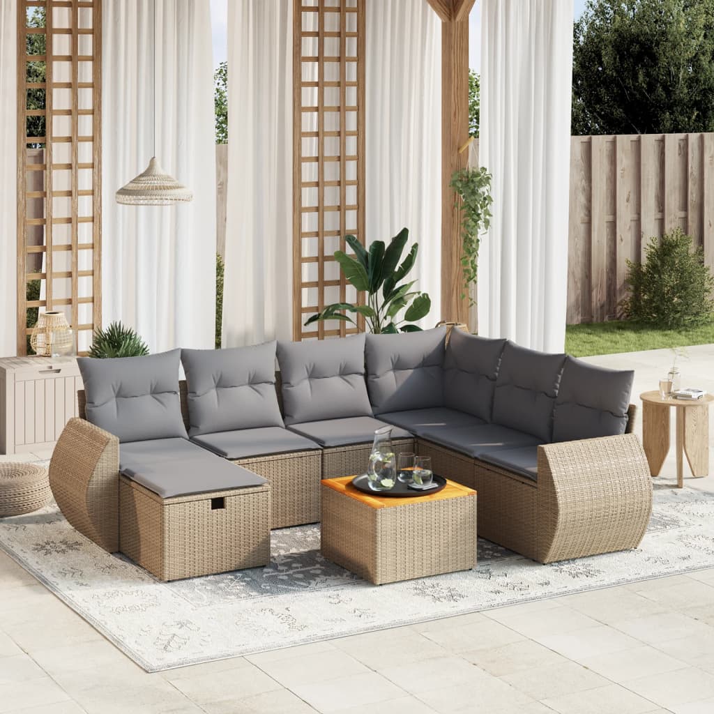 vidaXL 8-tlg. Garten-Sofagarnitur mit Kissen Beige Poly Rattan