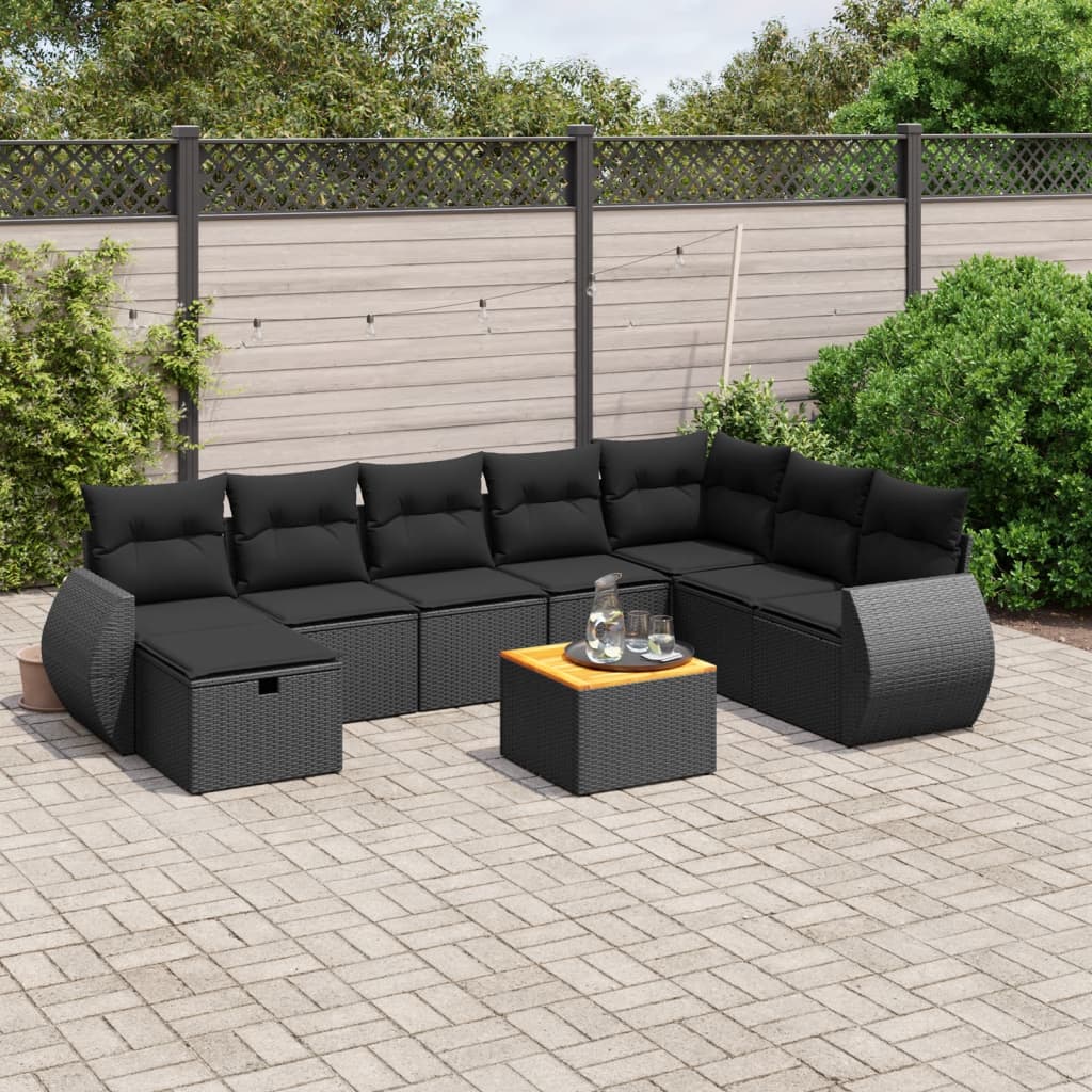 vidaXL 9-tlg. Garten-Sofagarnitur mit Kissen Schwarz Poly Rattan