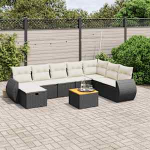 Vrtna sedežna garnitura 9-delna z blazinami črn poli ratan