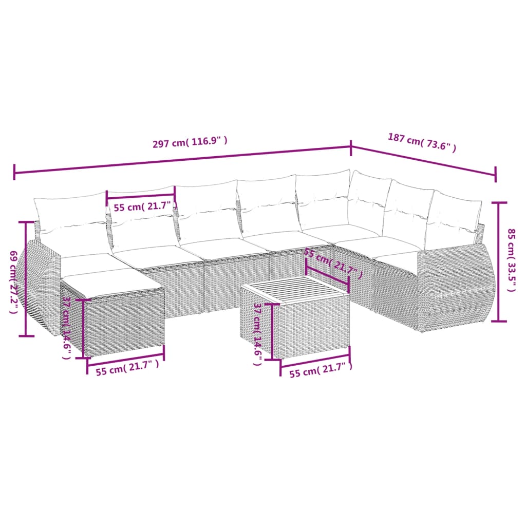 Set canapele de grădină, 9 piese, cu perne, bej, poliratan 3265097 - imagine 4