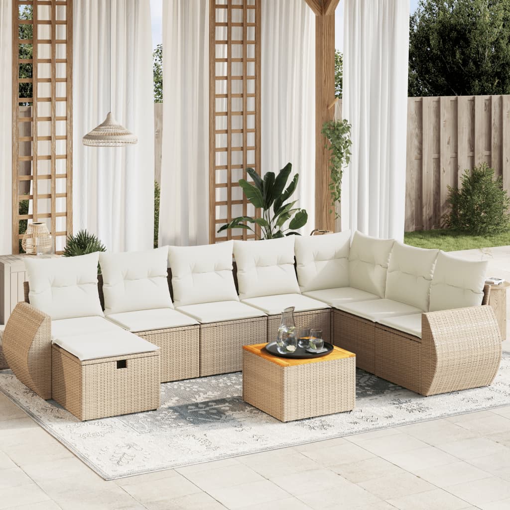 9-tlg. Garten-Sofagarnitur mit Kissen Beige Poly Rattan