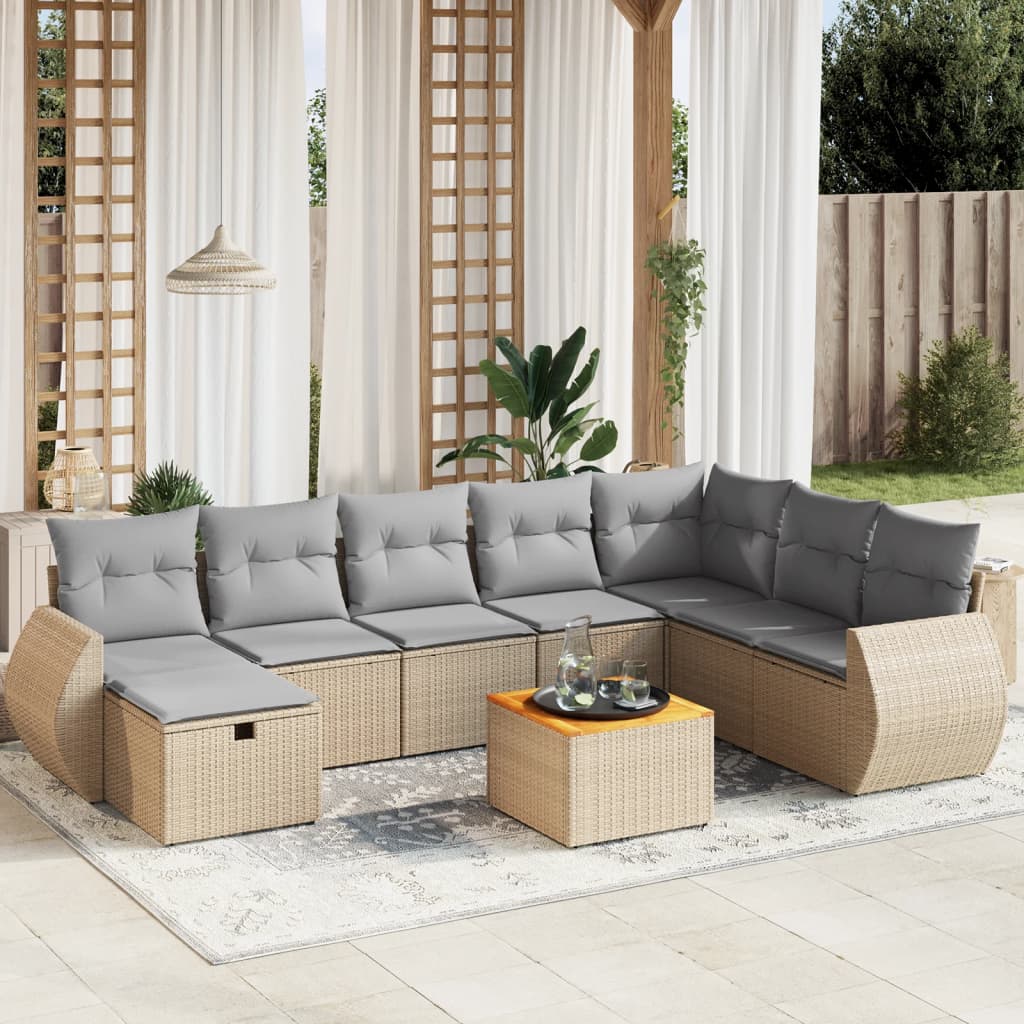 vidaXL 9-tlg. Garten-Sofagarnitur mit Kissen Beige Poly Rattan