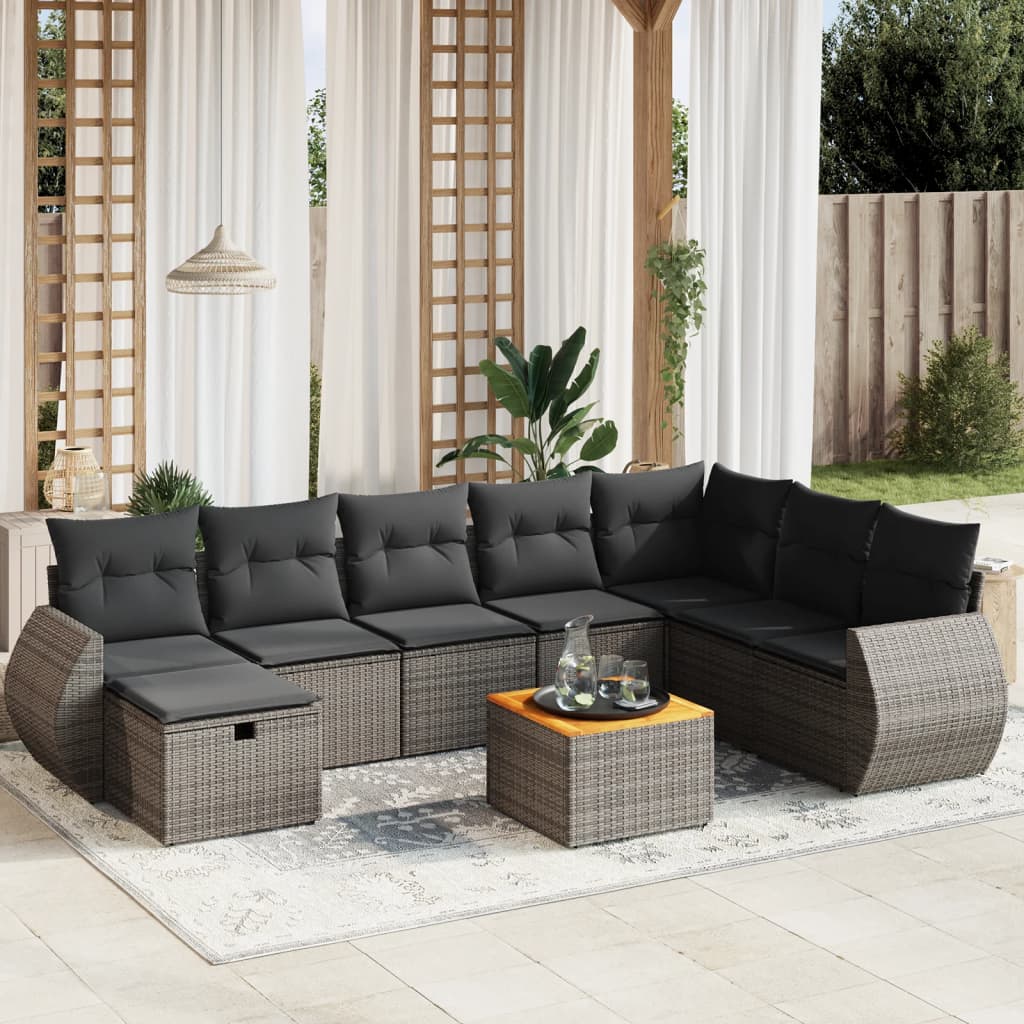 vidaXL 9-tlg. Garten-Sofagarnitur mit Kissen Grau Poly Rattan