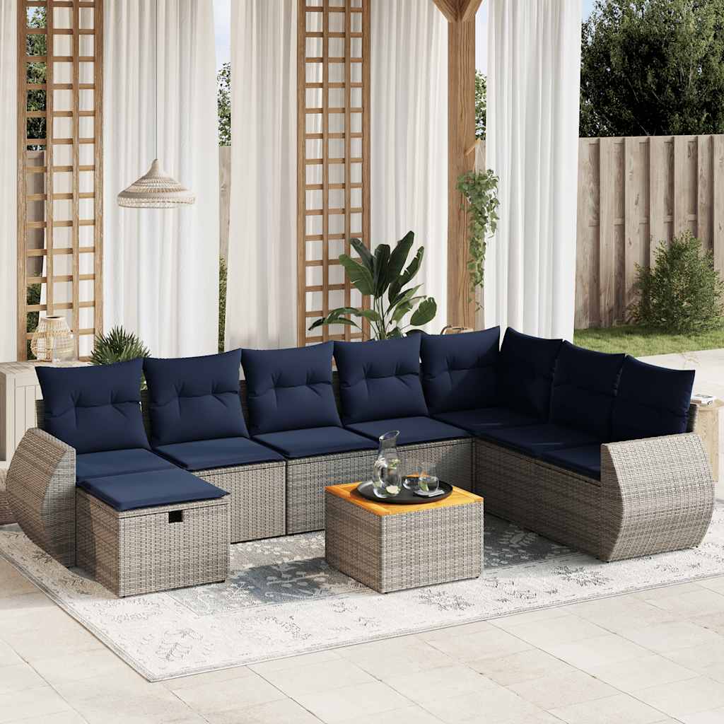 vidaXL 9-teiliges Gartensofa-Set mit Kissen, grau, Polyrattan