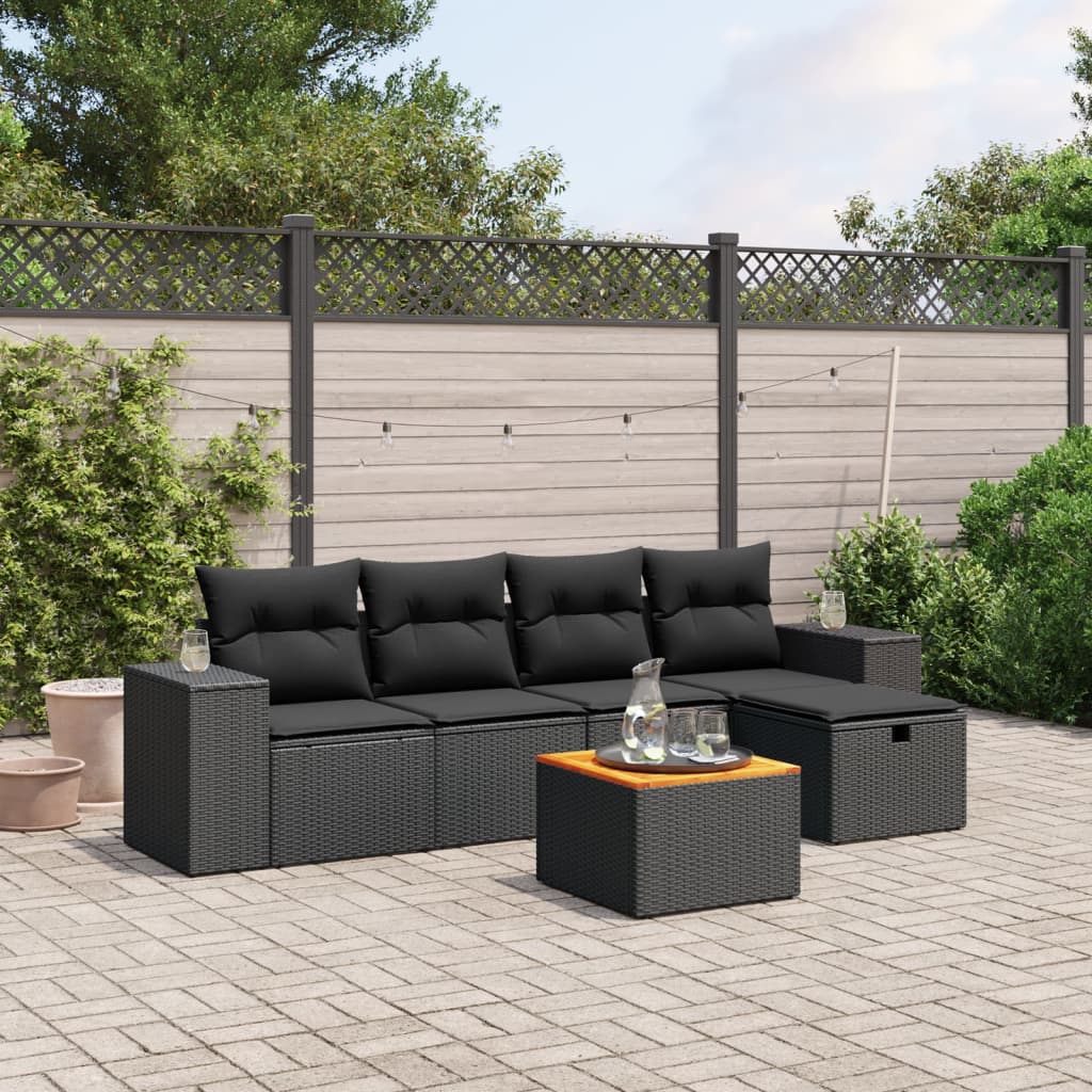 vidaXL 6-tlg. Garten-Sofagarnitur mit Kissen Schwarz Poly Rattan