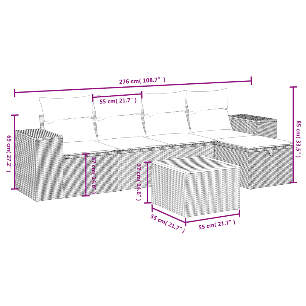 Set mobilier de grădină cu perne, 6 piese, negru, poliratan 3265165 - imagine 4