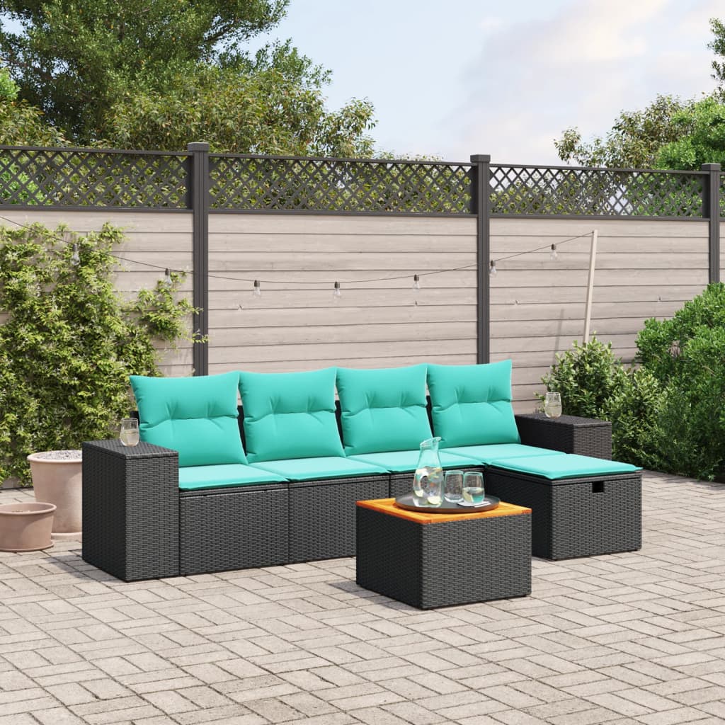 6 Piece Patio Sofa Set with Cushions Black Poly Rattan