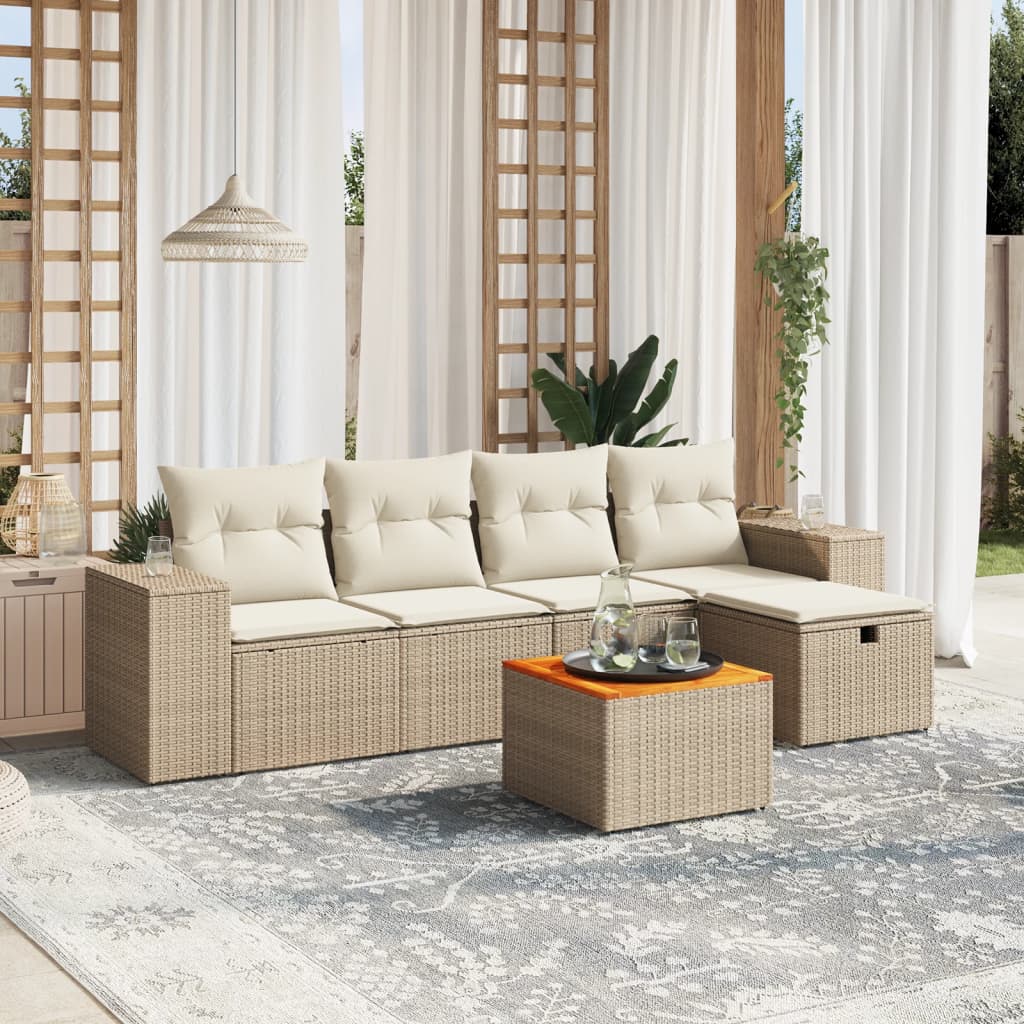 vidaXL 6-tlg. Garten-Sofagarnitur mit Kissen Beige Poly Rattan