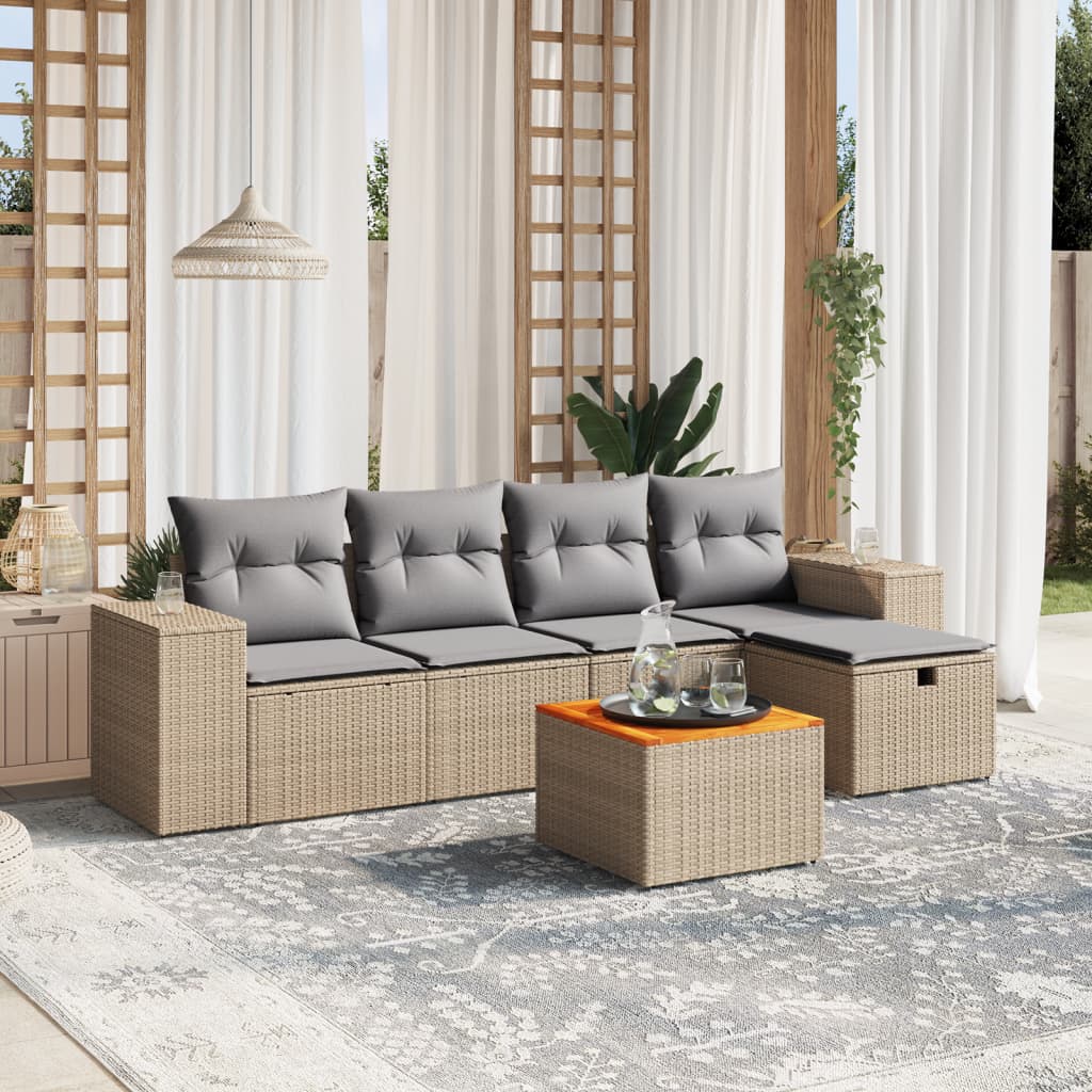 vidaXL 6-tlg. Garten-Sofagarnitur mit Kissen Beige Poly Rattan