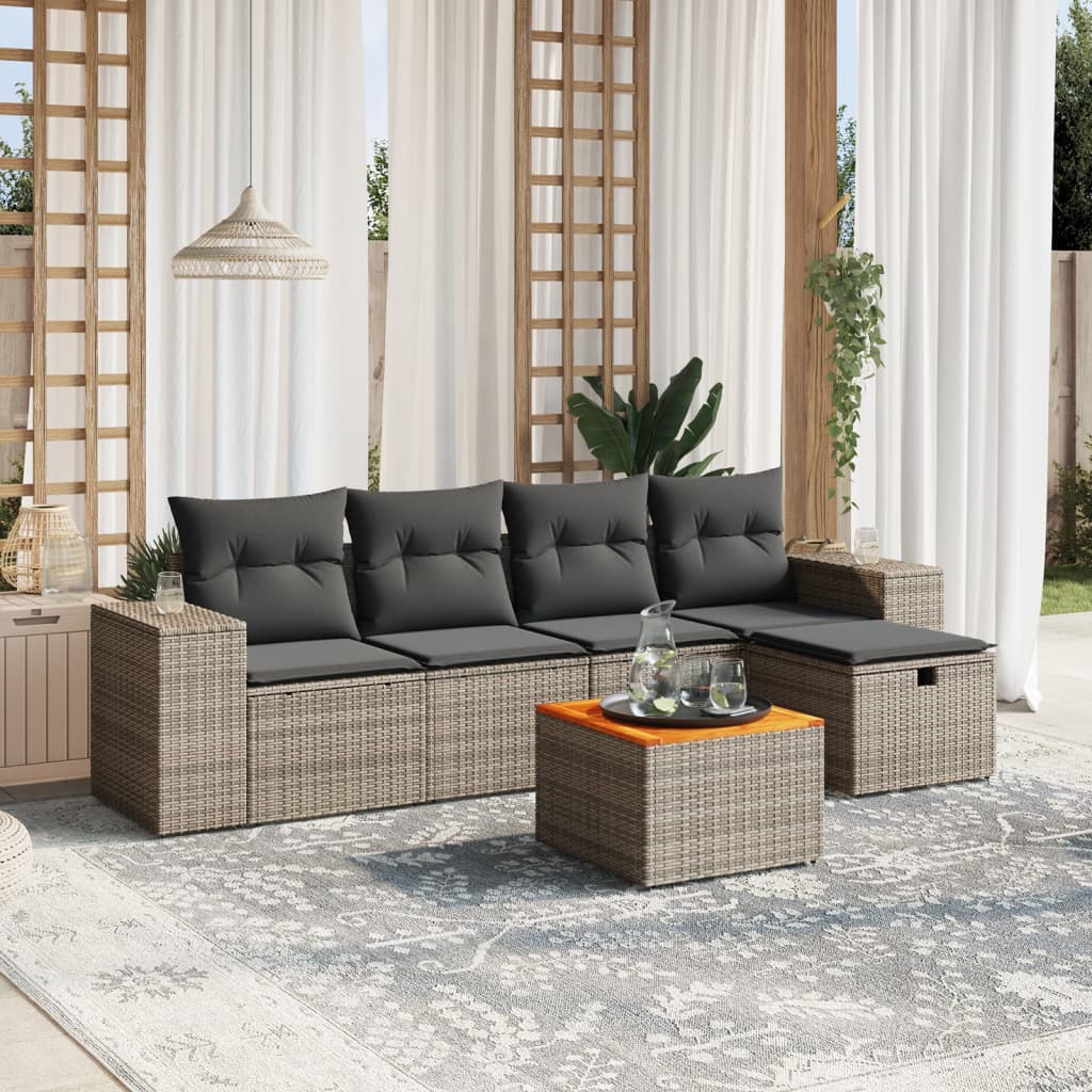 vidaXL 6-tlg. Garten-Sofagarnitur mit Kissen Grau Poly Rattan