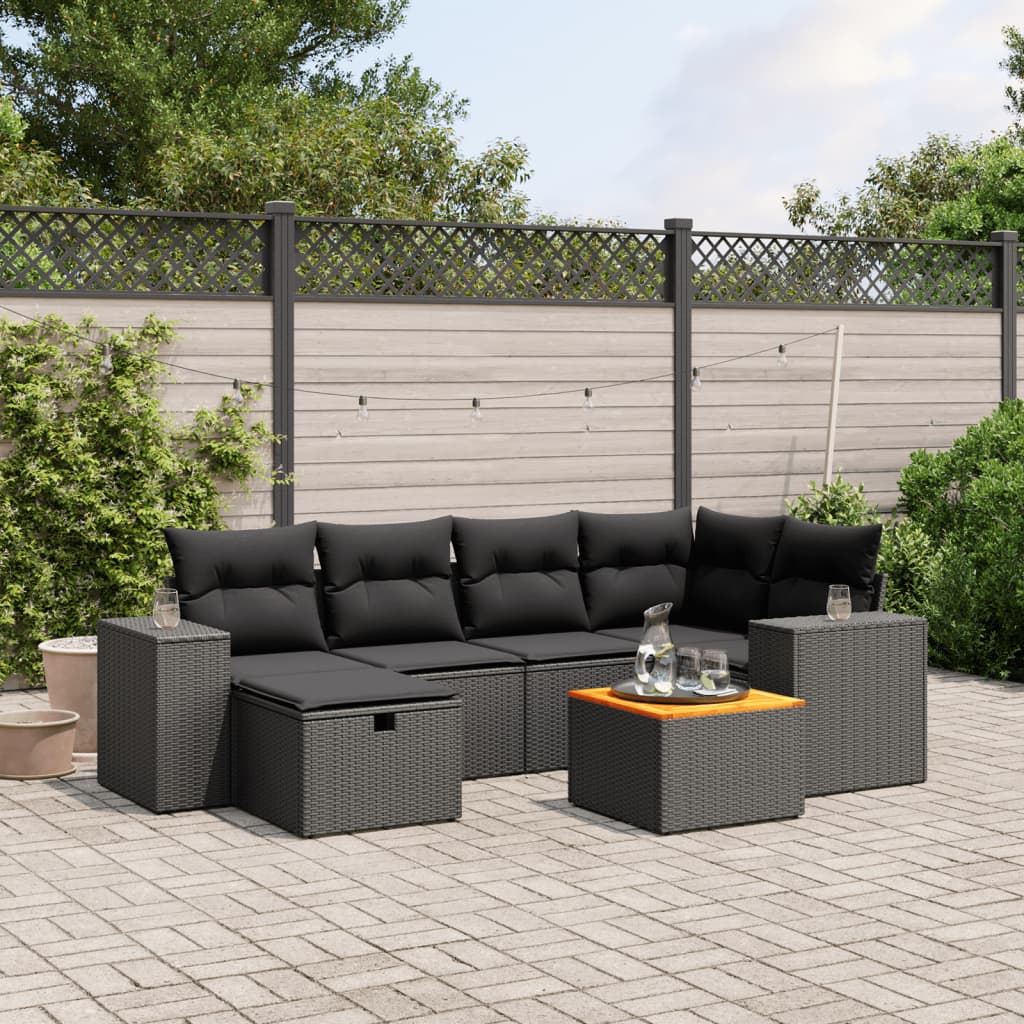 vidaXL 7-tlg. Garten-Sofagarnitur mit Kissen Schwarz Poly Rattan