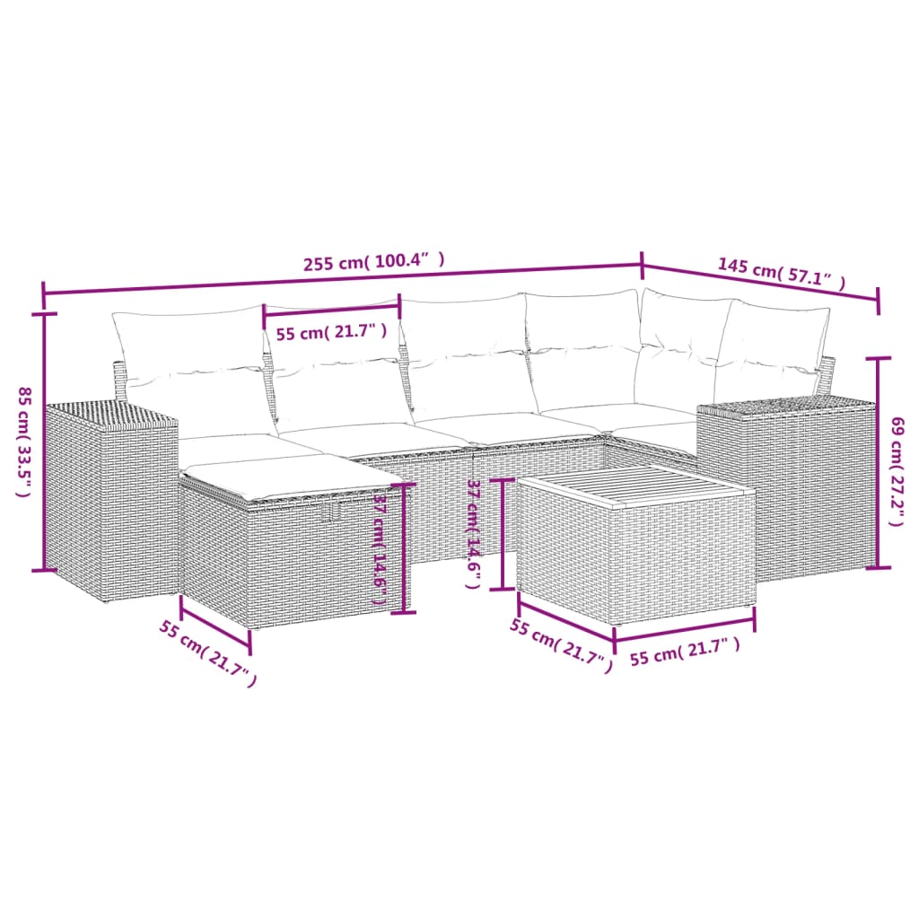 Set canapele de grădină cu perne, 7 piese, negru, poliratan 3265172 - imagine 4