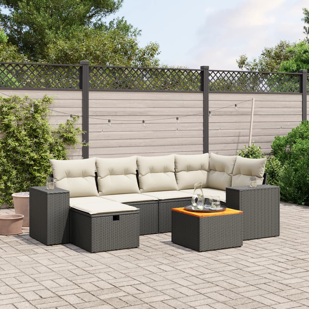 vidaXL 7-tlg. Garten-Sofagarnitur mit Kissen Schwarz Poly Rattan