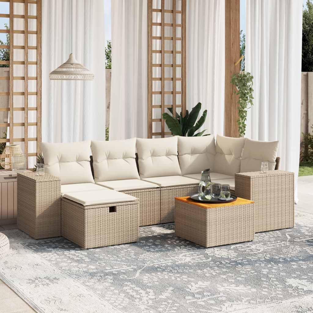 7-tlg. Garten-Sofagarnitur mit Kissen Beige Poly Rattan