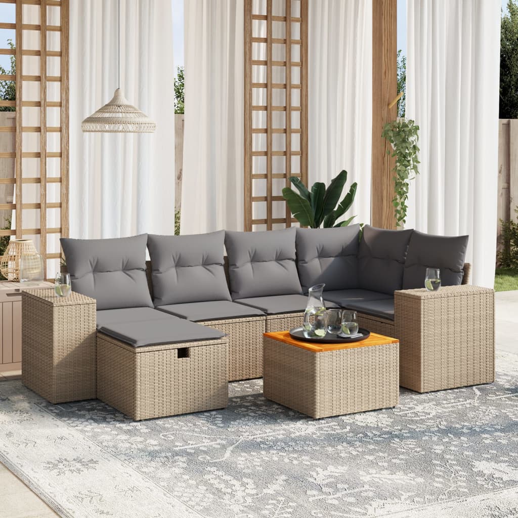 vidaXL 7-tlg. Garten-Sofagarnitur mit Kissen Beige Poly Rattan